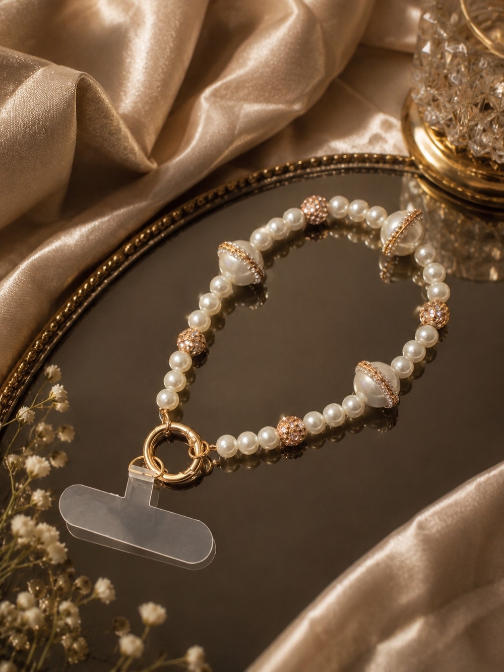 White Bead and Gold-color Wristlet For Phone.